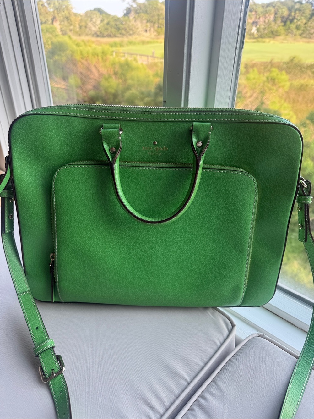kate spade Bright Green Leather Laptop Tote with Detachable Strap